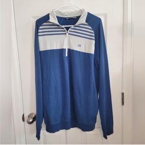 Travis Matthew’s Men's Blue and White Half-Zip Sweater Size large